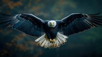 Majestic bald eagle with spread wings soaring against dramatic dark sky, displaying powerful flight posture and intense gaze. Detailed feathers capture wildlife strength.