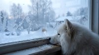 White fluffy dog gazing out frosted window at snowy winter landscape with bare trees. Suitable for seasonal greeting cards, pet care content, and cozy home decor projects.