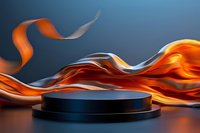 Abstract flowing fabric ribbons in orange and blue colors surrounding dark cylindrical podium platform for product display and presentation.