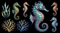 Seahorse collection with seaweed and coral elements isolated on transparent background, ready for t-shirt design, clipart, stickers, sublimation and print-on-demand projects.