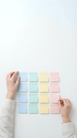 Hands arranging colorful sticky notes in organized grid pattern on white surface for planning, brainstorming and project management tasks.