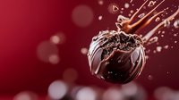 Liquid chocolate pouring onto chocolate ball with splash effect against deep red background, creating dynamic food photography for dessert advertising.