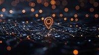 Glowing location pin icon on digital network with orange bokeh lights against dark background, representing global positioning and navigation technology.