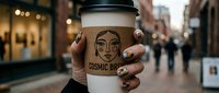 Unrecognizable person holding takeaway coffee cup with cosmic brews logo on urban street with blurred city background and pedestrians.