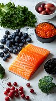 Fresh salmon fillet with superfoods including red caviar, blueberries, cranberries, blackberries and kale leaves on white textured background. Perfect for healthy eating and nutrition content.