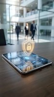 Digital security shield hologram emerging from smartphone screen in modern corporate office lobby with blurred business professionals walking.