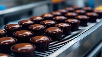 Rows of artisanal dark chocolate bonbons with glossy ganache coating in brown paper cups on metal cooling rack, close-up view showing professional confectionery production.