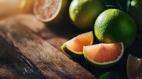 Fresh citrus fruits on rustic wooden background, sliced pink grapefruit and whole green limes in moody lighting, food photography composition.