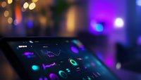 Digital analytics dashboard on tablet screen with neon purple and blue bokeh background, showing financial charts and data visualization for business monitoring.