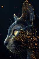 Mystical black cat with golden ornamental patterns and glowing yellow eyes in profile view against dark background, decorated with magical swirls and sparkles.
