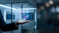 Businessman hand presenting holographic digital interface with data analytics in modern office environment for technology and innovation concepts.