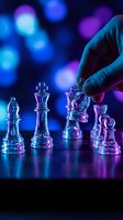Hand moving glass chess knight piece on board with dramatic blue purple neon lighting for strategic business planning and decision making concepts.