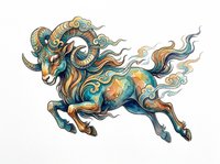 Ornate goat with flowing mane and tail in teal and gold tones, isolated on transparent background. Ready for t-shirt design, clipart, stickers, sublimation, and print-on-demand products.