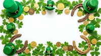 St. Patrick's Day festive frame with green leprechaun hats, shamrock leaves, golden coins and horseshoes on white background for holiday celebrations.