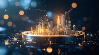 Glowing futuristic cityscape on circular platform with illuminated skyscrapers against dark background with bokeh lights creating magical urban atmosphere.