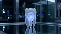 Translucent white tooth model with blue glow on reflective surface in modern medical laboratory setting for dental healthcare and oral hygiene concepts.
