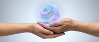 Two hands reaching toward each other with glowing holographic sphere floating above palms representing connection, technology transfer, and digital collaboration.