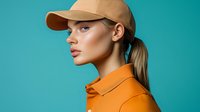 Young blonde woman in orange polo shirt and beige cap against turquoise background, side profile portrait showing natural makeup and ponytail hairstyle. Fashion and lifestyle concept.