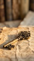 Vintage brass key with ornate crown design resting on aged parchment maps with antique books in blurred background for historical adventure themes.