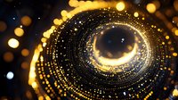 Glowing golden spiral with sparkling particles and bokeh lights creating magical cosmic tunnel effect against dark background for abstract designs.
