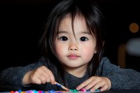 Young Asian girl child playing with colorful toys at table wearing gray sweater looking at camera with curious expression in indoor setting.