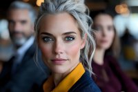 Confident mature businesswoman with platinum blonde hair and striking blue eyes wearing navy and yellow outfit against blurred office background.