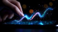 Glowing neon financial chart line drawn by hand on dark background with sparkles and bokeh lights, showing business growth and market analysis.
