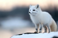 White arctic fox standing alert on snowy ground during winter twilight, showcasing its thick winter coat and distinctive features against blurred natural background.