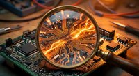 Magnifying glass reveals glowing circuit pathways on computer motherboard with sparks and electronic components for technology analysis and repair concepts.