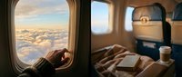 Passenger gazing at clouds through airplane window during flight, with cozy cabin interior, blanket, and beverage visible in comfortable travel setting.