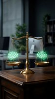 Golden scales of justice with glowing green brain networks on wooden desk representing legal intelligence, artificial intelligence in law, and balanced decision making.