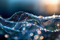 Abstract flowing wave pattern with glowing particles and bokeh lights against dark background, featuring luminous blue curves and floating sparkles in motion.