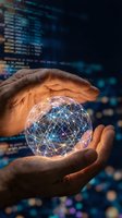 Hands holding glowing digital globe with interconnected network lines representing global connectivity, data transfer, and technology innovation for business and communication concepts.