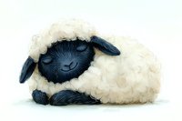 Sleeping black-faced lamb with fluffy white wool coat curled up in peaceful pose, smiling expression against white background for nursery art and children decor.