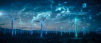 Wind turbines in field with digital network overlay representing renewable energy technology and sustainable power generation infrastructure.