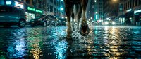 Young male jogger running through wet urban street at night with neon city lights reflecting on pavement, athletic footwear in motion, suitable for fitness and sports marketing.