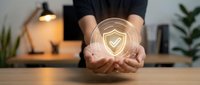 Professional hands presenting glowing shield with checkmark symbol representing security, protection and trust in modern office environment.