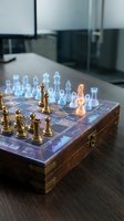 Futuristic holographic chess set with glowing pieces on wooden board in modern office environment for strategic gaming and technology concepts.