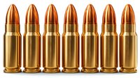 Row of shiny brass rifle ammunition with copper-tipped bullets standing upright, showcasing metallic texture and precision manufacturing for hunting or sport shooting.
