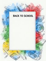Back to school frame with colorful watercolor splash background and hand-drawn educational supplies including apple, books, pencils, globe and ruler.