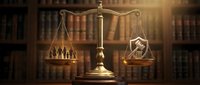 Golden scales of justice balancing group of people against shield in law library setting with warm lighting for legal concepts and human rights themes.