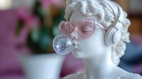 Classical white bust wearing pink heart-shaped sunglasses and white headphones blowing bubble gum against blurred pink background.
