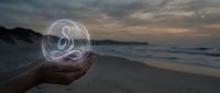 Hand holding glowing meditation symbol sphere on peaceful beach at sunset with ocean waves and dramatic sky creating serene spiritual atmosphere.