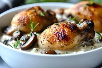 Juicy roasted chicken legs with mushrooms in creamy garlic sauce garnished with fresh rosemary sprigs, served in white ceramic bowl, macro food photography.