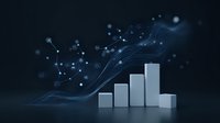 Growing bar chart with digital network elements and glowing connections on dark background showing business analytics and data visualization.