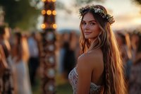 Young woman with flower crown at outdoor music festival during golden hour sunset with bokeh lights and crowd in background for summer event marketing.
