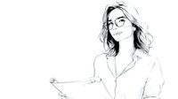 Professional businesswoman with glasses holding clipboard in minimalist line art style. Black and white illustration isolated on white background for presentations.