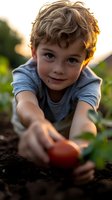 Young boy with freckles picking fresh tomatoes from garden during golden sunset hour, wearing casual grey t-shirt, expressing joy and curiosity while harvesting vegetables.