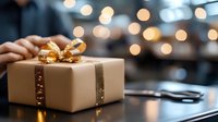Elegant gift box with golden ribbon on table with warm bokeh lights background, perfect for holiday celebrations and special occasions.