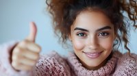 Young mixed race woman with curly hair showing thumbs up gesture while wearing cozy pink knit sweater, expressing positivity and approval with genuine smile.